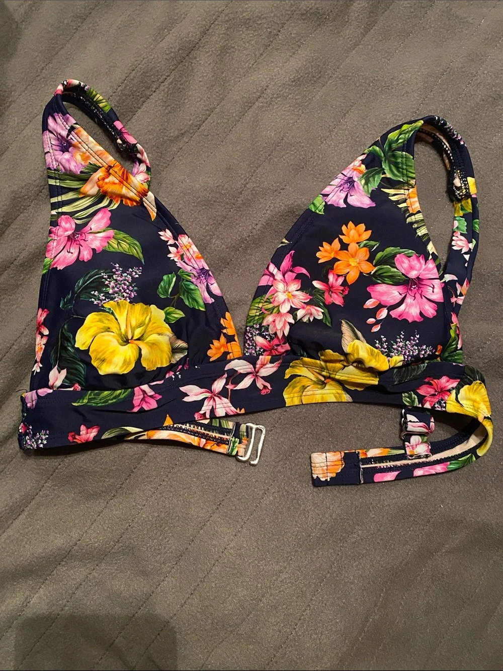 Kona Sol Navy Floral Triangle Bikini Top with Yellow, Pink and Orange Blooms